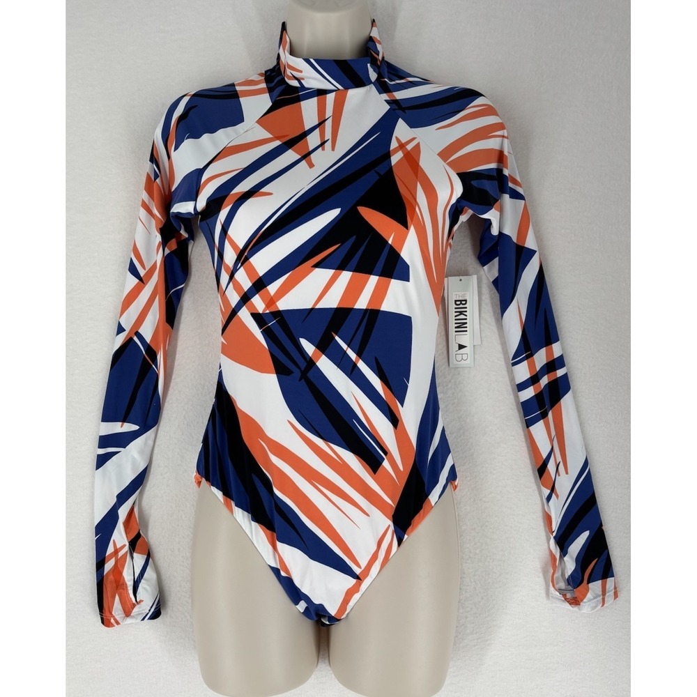 Bikini Lab Womens Long Sleeve Bodysuit Rashguard Zipper Blue Orange White Size S